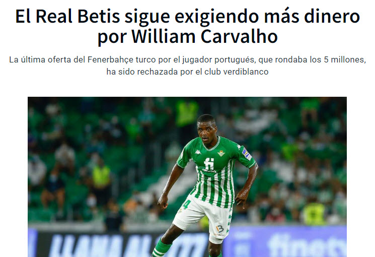 Real Betis’ten Fenerbahçe’ye flaş William Carvalho cevabı! İstenilen bonservis...