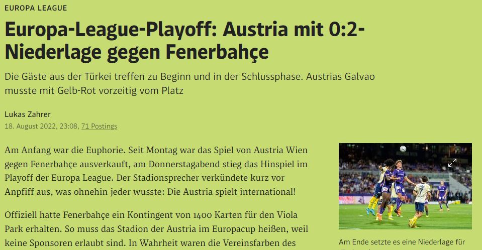 Austria Wien-Fenerbahçe maçı Avrupa basınında geniş yer buldu