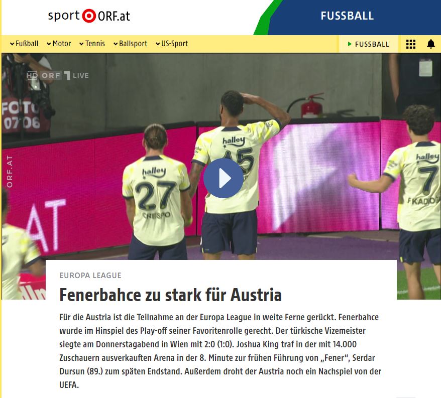 Austria Wien-Fenerbahçe maçı Avrupa basınında geniş yer buldu