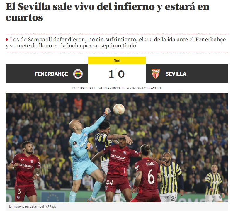 Fenerbahçe Sevilla maçı sonrası İspanyol basını manşetlere taşıdı! Cehennemde hayatta kaldı
