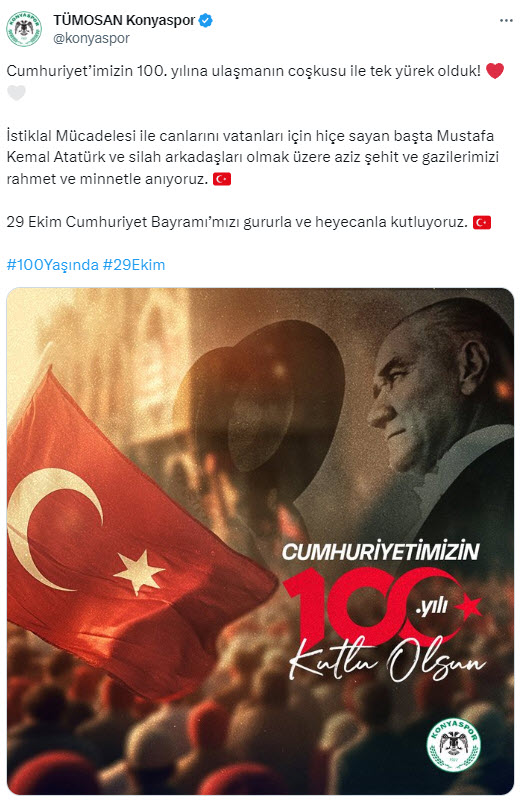 Süper Lig ekipleri 29 Ekim Cumhuriyet Bayramı’nı bu paylaşımlarla kutladı!