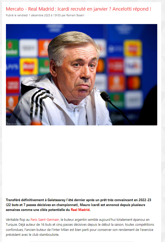 GALATASARAY HABERLERİ - Carlo Ancelotti resmen açıkladı! Icardi Real Madrid’e transfer olacak mı?