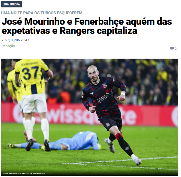 Rangers’ın Fenerbahçe galibiyeti İskoç basınında! ’Jose Mourinho’yu şaşkına çevirdi’