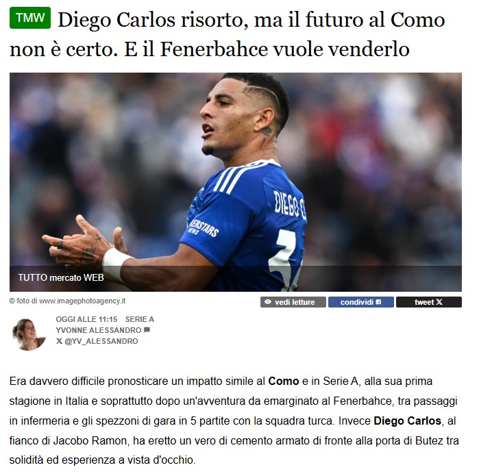 Fenerbahçe Diego Carlos’un bonservisini belirledi! İtalyan basını duyurdu