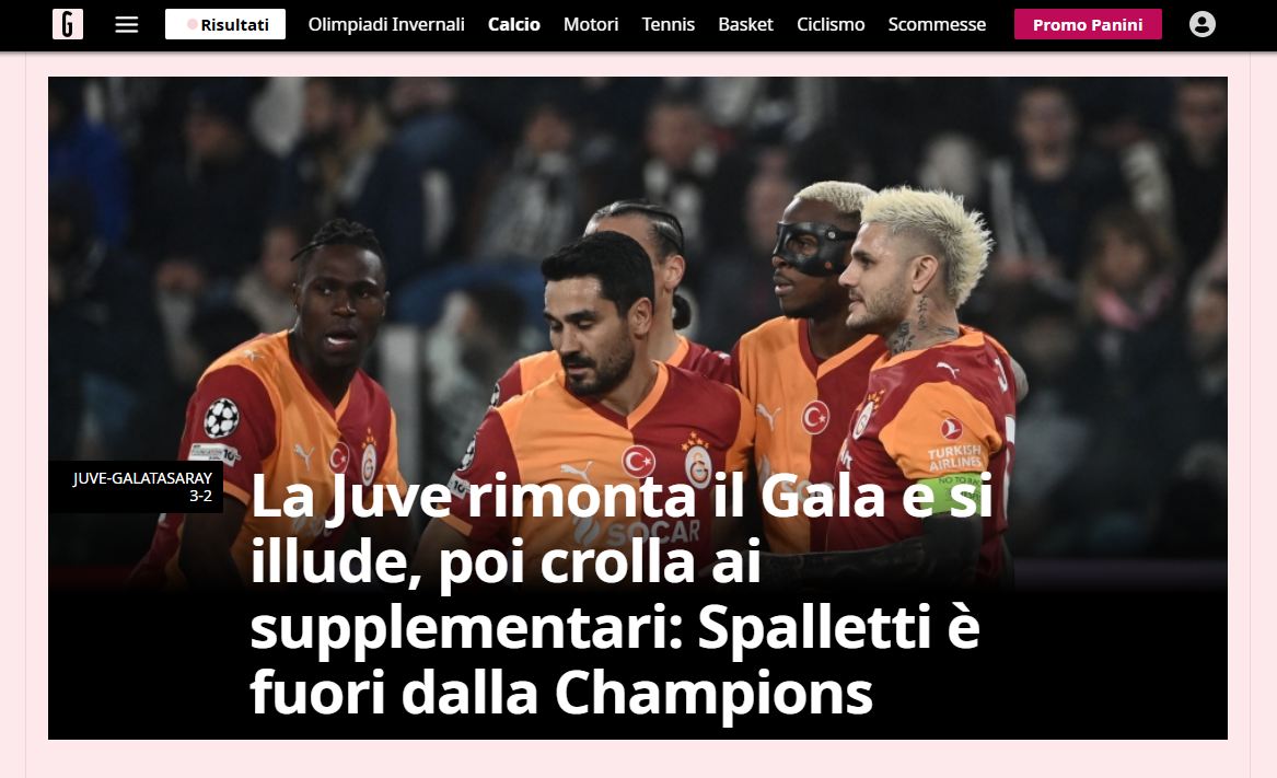 La Gazzetta dello Sport | Juventus, Galatasaray karşısında geri dönüş yapıp umutlandı, ancak uzatmalarda çöktü: Luciano Spalletti, UEFA Şampiyonlar Ligi'nden elendi.