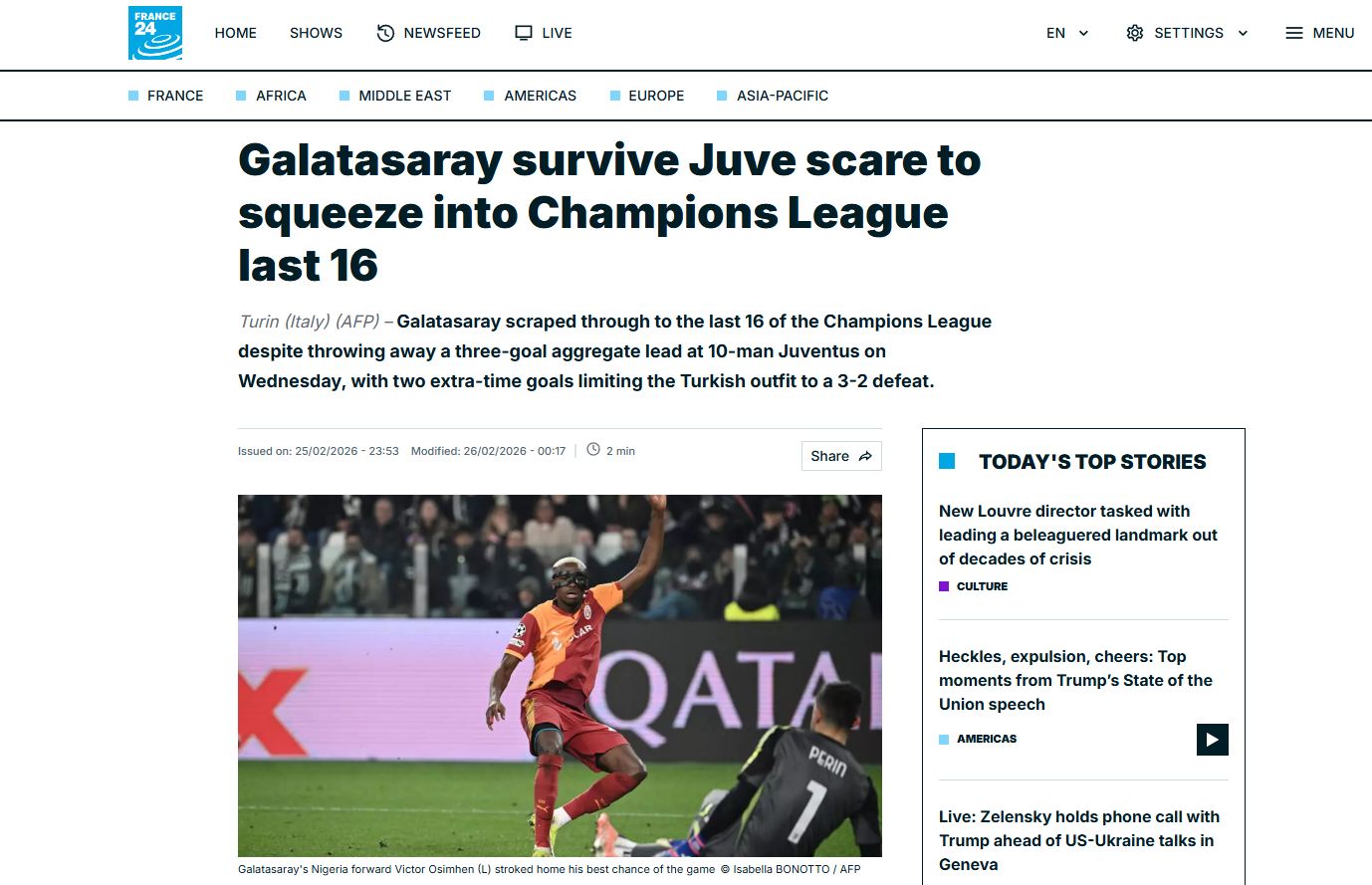 France24 | Galatasaray, Juve kabusunda hayatta kaldı ve Şampiyonlar Ligi'nde son 16'ya yükseldi.