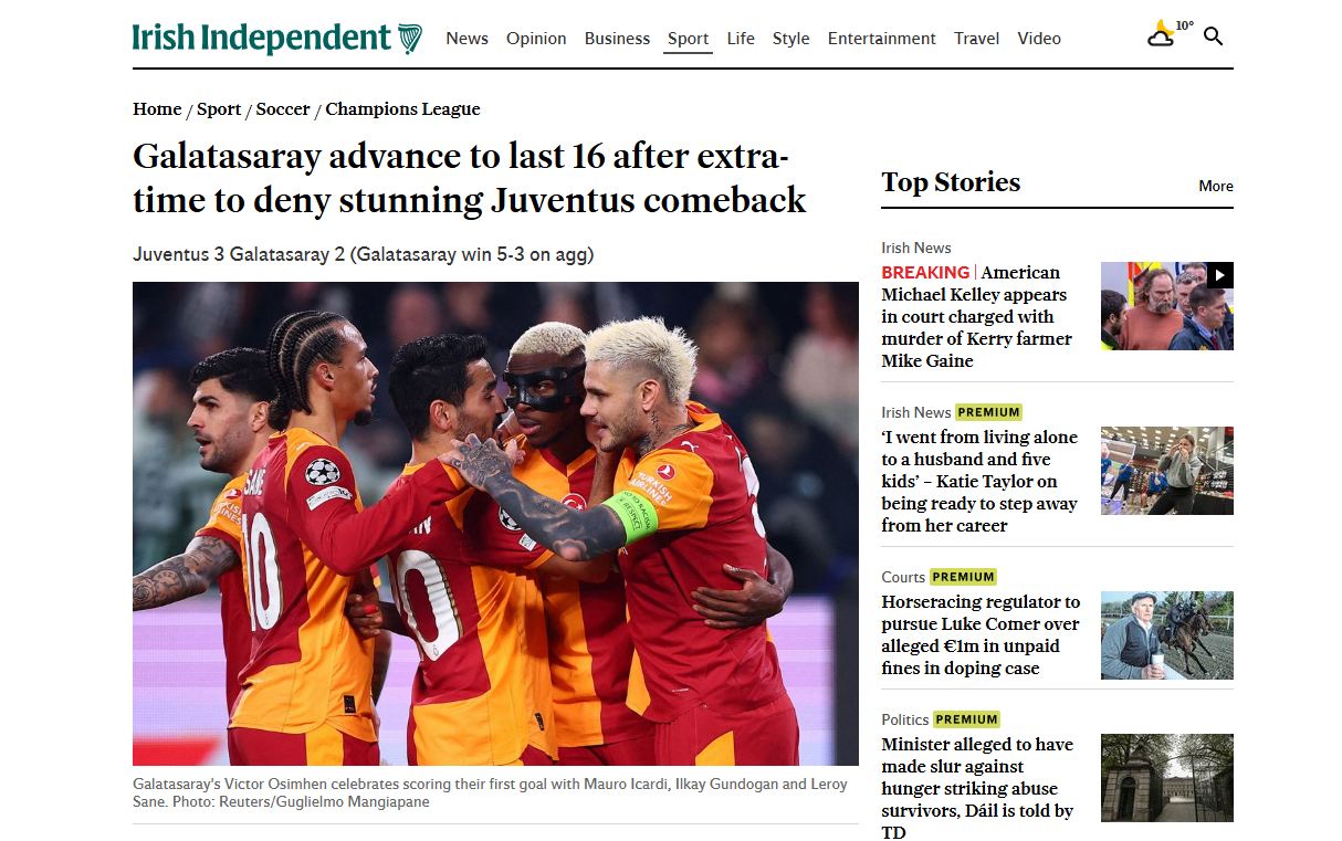 Irish Independent | Juventus'un muazzam geri dönüşüne dur diyen Galatasaray uzatmalarda son 16 turuna yükseldi.