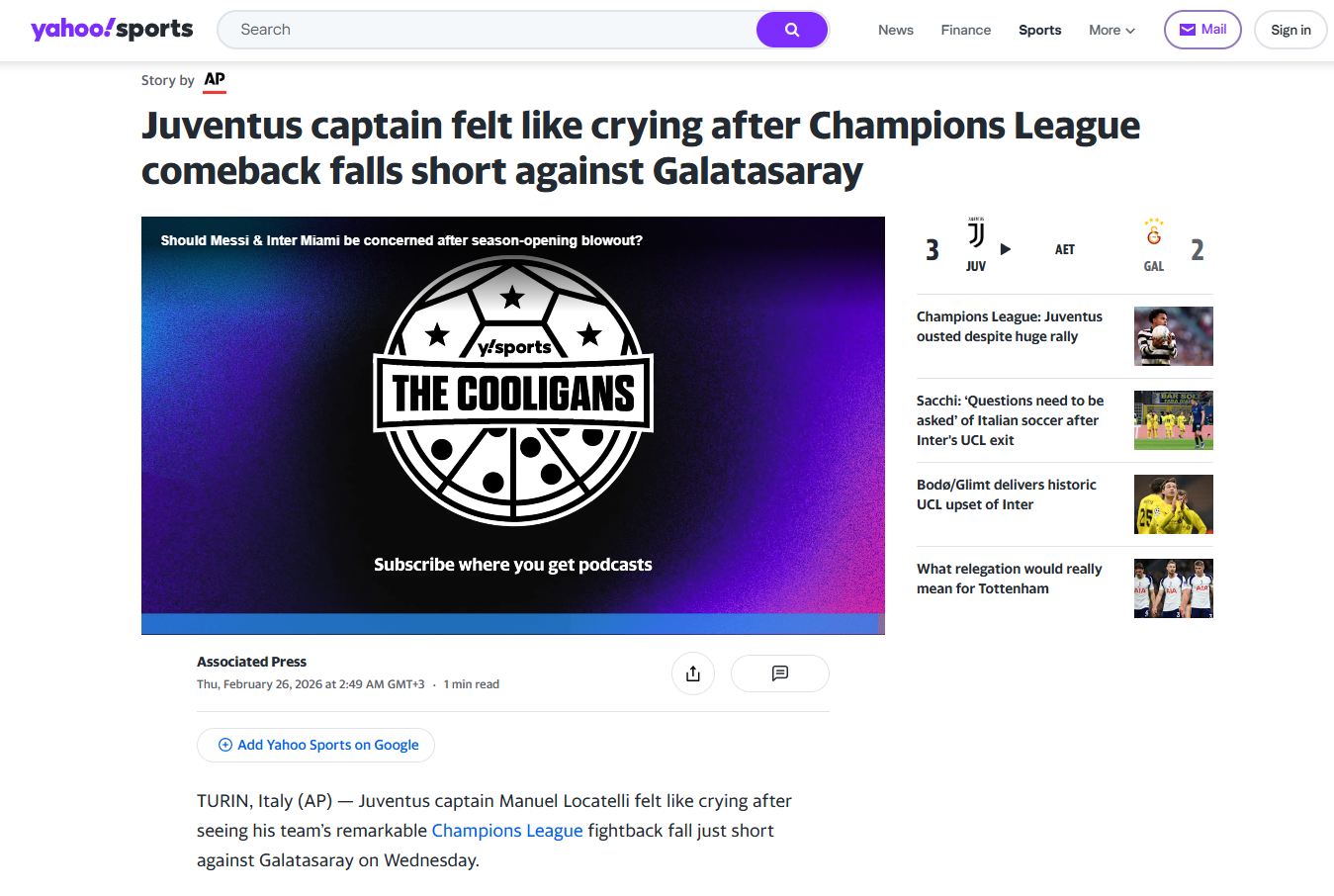 Yahoo Sports | Juventus kaptanı, Şampiyonlar Ligi'nde Galatasaray karşısındaki geri dönüşleri yarım kalınca ağlayacak gibi oldu.