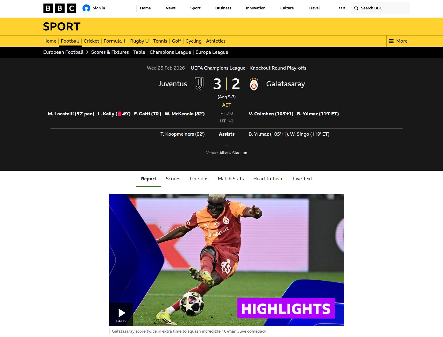 BBC Sport | Osimhen ve Barış uzatmalarda gol attı, Galatasaray, 10 kişilik Juventus'un büyüleyici geri dönüşüne engel oldu ve Şampiyonlar Ligi'nde son 16'ya yükseldi.