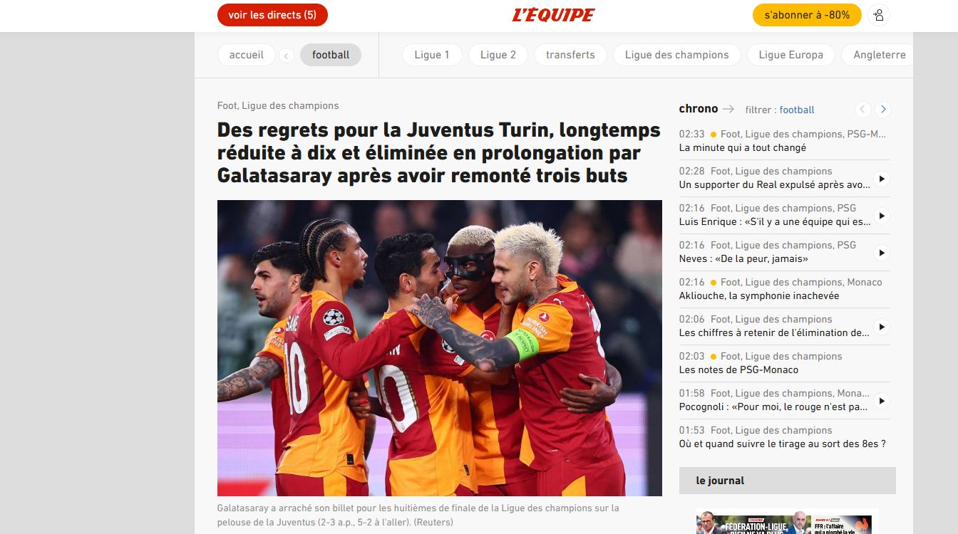 L'Equipe | Juventus için pişmanlık: Uzun süre on kişi kalan takım, üç gol farkını kapatsa da Galatasaray tarafından uzatmalarda elendi.