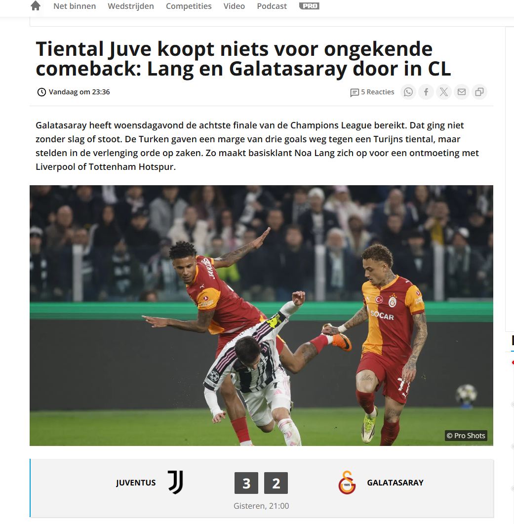 vi.nl | On kişi kalan Juventus'un olağanüstü geri dönüşü sonuç vermedi; Noa Lang ve Galatasaray, Şampiyonlar Ligi'nde tur atladı.