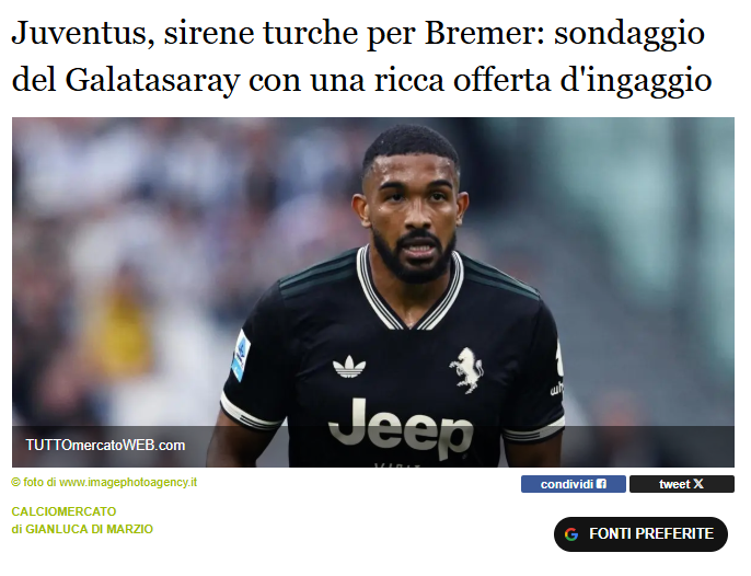 Galatasaray Bremer için kesenin ağzını açtı! İtalyan gazeteci teklifi duyurdu