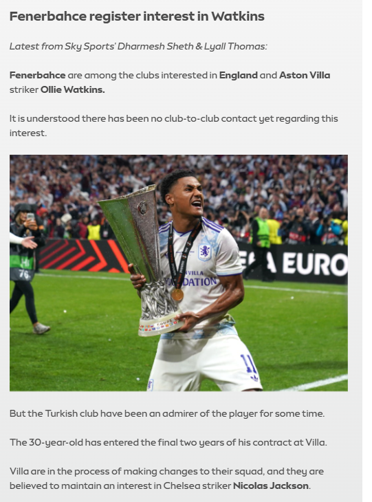 Fenerbahçe’ye Ollie Watkins müjdesi! İngilizler duyurdu